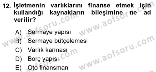 İşletme Finansmanı Dersi 2024 - 2025 Yılı (Vize) Ara Sınav Soruları 12. Soru