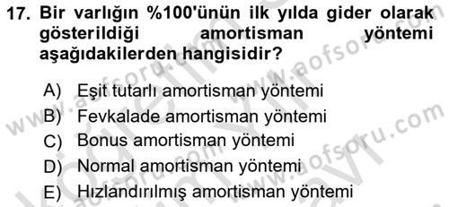 İşletme Finansmanı Dersi 2024 - 2025 Yılı (Vize) Ara Sınav Soruları 17. Soru
