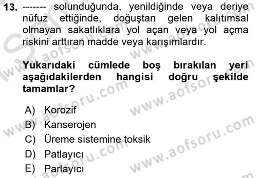 Tehlikeli Madde Lojistiği Ve İş Güvenliği Dersi 2023 - 2024 Yılı (Final) Dönem Sonu Sınavı 13. Soru