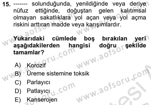 Tehlikeli Madde Lojistiği Ve İş Güvenliği Dersi 2024 - 2025 Yılı Yaz Okulu Sınav Soruları 15. Soru