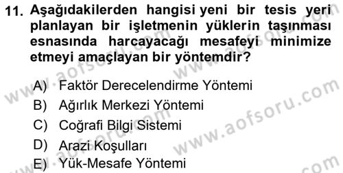 Lojistik Planlama Ve Modelleme Dersi 2020 - 2021 Yılı Yaz Okulu Sınavı 11. Soru