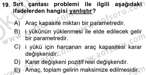 Lojistik Planlama Ve Modelleme Dersi 2024 - 2025 Yılı Yaz Okulu Sınav Soruları 19. Soru