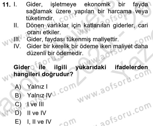Lojistik Maliyetleri Ve Raporlama Dersi 2020 - 2021 Yılı Yaz Okulu Sınav Soruları 11. Soru