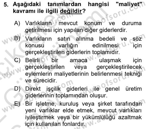 Lojistik Maliyetleri Ve Raporlama Dersi Ara Sınavı Deneme Sınav Soruları 5. Soru