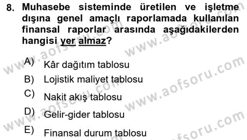 Lojistik Maliyetleri Ve Raporlama Dersi Ara Sınavı Deneme Sınav Soruları 8. Soru