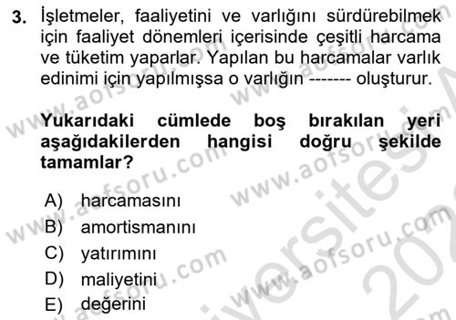 Lojistik Maliyetleri Ve Raporlama Dersi Ara Sınavı Deneme Sınav Soruları 3. Soru