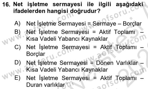 Lojistik Maliyetleri Ve Raporlama Dersi 2022 - 2023 Yılı (Final) Dönem Sonu Sınavı 16. Soru