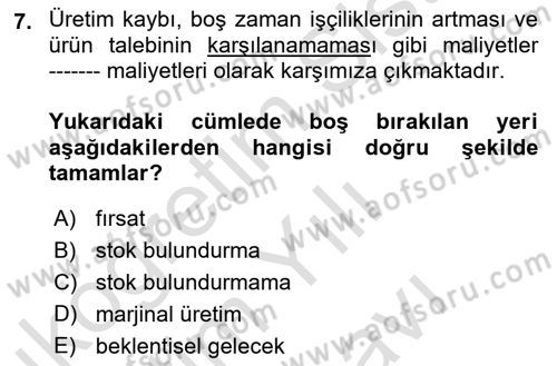 Lojistik Maliyetleri Ve Raporlama Dersi 2025 - 2026 Yılı (Vize) Ara Sınav Soruları 7. Soru