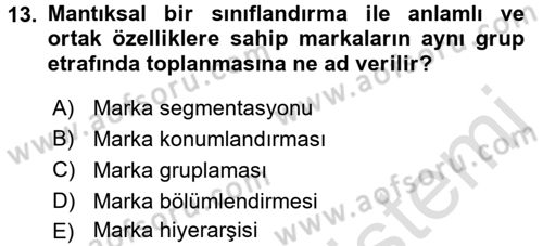 Marka ve Yönetimi Dersi 2015 - 2016 Yılı (Final) Dönem Sonu Sınav Soruları 13. Soru