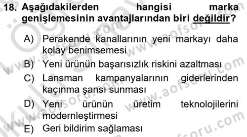 Marka ve Yönetimi Dersi 2020 - 2021 Yılı Yaz Okulu Sınav Soruları 18. Soru