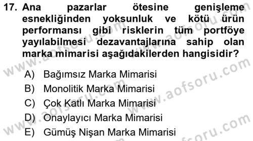 Marka ve Yönetimi Dersi 2021 - 2022 Yılı (Final) Dönem Sonu Sınav Soruları 17. Soru