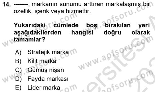 Marka ve Yönetimi Dersi 2023 - 2024 Yılı Yaz Okulu Sınav Soruları 14. Soru