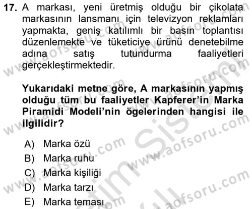 Marka ve Yönetimi Dersi 2023 - 2024 Yılı Yaz Okulu Sınav Soruları 17. Soru
