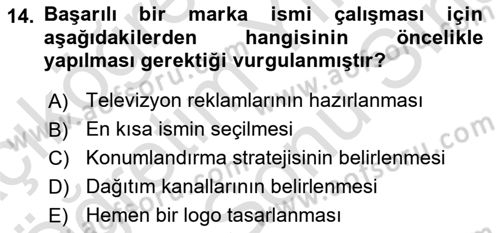 Marka ve Yönetimi Dersi 2025 - 2026 Yılı (Final) Dönem Sonu Sınav Soruları 14. Soru