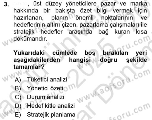 Marka ve Yönetimi Dersi 2025 - 2026 Yılı (Final) Dönem Sonu Sınav Soruları 3. Soru