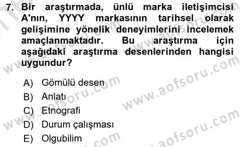 Marka İletişiminde Analiz Ve Araştırma 1 Dersi 2023 - 2024 Yılı (Vize) Ara Sınav Soruları 7. Soru