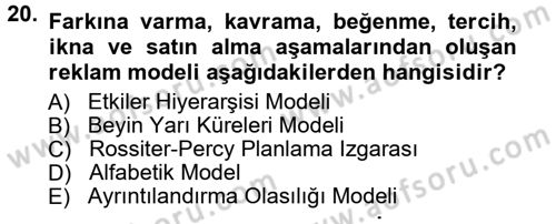 Reklamcılık Dersi Ara Sınavı Deneme Sınav Soruları 20. Soru