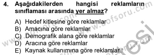 Reklamcılık Dersi Ara Sınavı Deneme Sınav Soruları 4. Soru