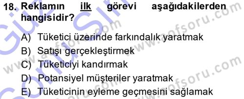 Reklamcılık Dersi 2013 - 2014 Yılı (Final) Dönem Sonu Sınav Soruları 18. Soru