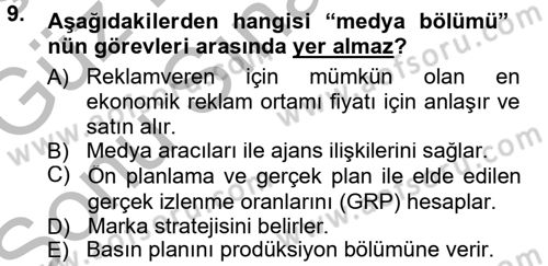 Reklamcılık Dersi 2014 - 2015 Yılı (Final) Dönem Sonu Sınav Soruları 9. Soru