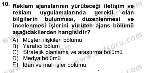 Reklamcılık Dersi 2014 - 2015 Yılı Yaz Okulu Sınav Soruları 10. Soru