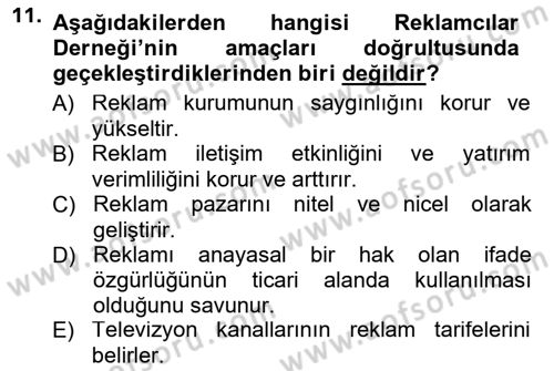 Reklamcılık Dersi 2014 - 2015 Yılı Yaz Okulu Sınav Soruları 11. Soru