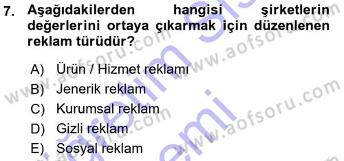 Reklamcılık Dersi Ara Sınavı Deneme Sınav Soruları 7. Soru