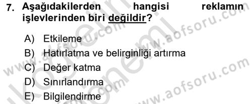 Reklamcılık Dersi 2016 - 2017 Yılı (Vize) Ara Sınav Soruları 7. Soru