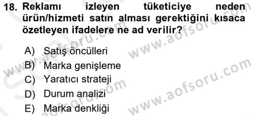 Reklamcılık Dersi 2016 - 2017 Yılı (Final) Dönem Sonu Sınav Soruları 18. Soru