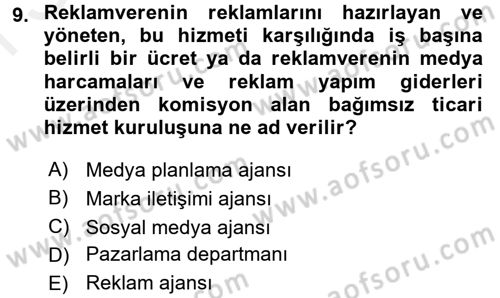Reklamcılık Dersi 2016 - 2017 Yılı (Final) Dönem Sonu Sınav Soruları 9. Soru