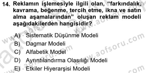 Reklamcılık Dersi 2017 - 2018 Yılı (Vize) Ara Sınav Soruları 14. Soru