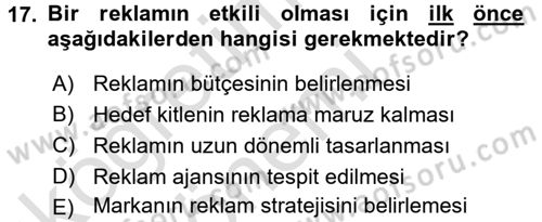 Reklamcılık Dersi Ara Sınavı Deneme Sınav Soruları 17. Soru