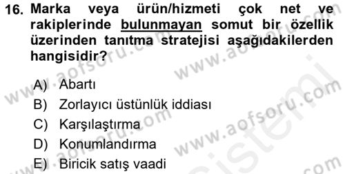 Reklamcılık Dersi 2017 - 2018 Yılı (Final) Dönem Sonu Sınav Soruları 16. Soru