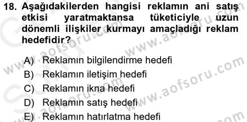 Reklamcılık Dersi 2017 - 2018 Yılı (Final) Dönem Sonu Sınav Soruları 18. Soru
