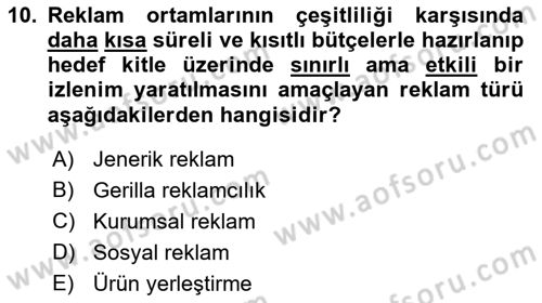 Reklamcılık Dersi 2018 - 2019 Yılı 3 Ders Sınav Soruları 10. Soru