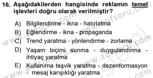 Reklamcılık Dersi 2018 - 2019 Yılı (Final) Dönem Sonu Sınav Soruları 16. Soru