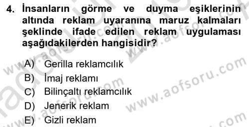 Reklamcılık Dersi Ara Sınavı Deneme Sınav Soruları 4. Soru