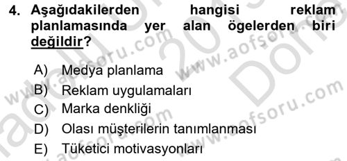 Reklamcılık Dersi 2019 - 2020 Yılı (Final) Dönem Sonu Sınav Soruları 4. Soru