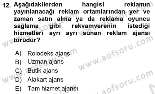 Reklamcılık Dersi 2020 - 2021 Yılı Yaz Okulu Sınav Soruları 12. Soru