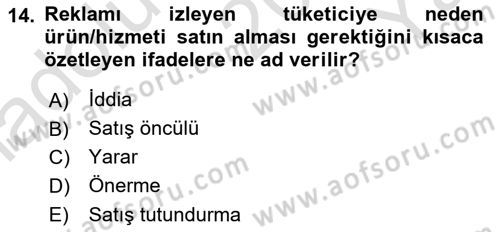 Reklamcılık Dersi 2020 - 2021 Yılı Yaz Okulu Sınav Soruları 14. Soru