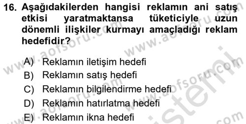 Reklamcılık Dersi 2020 - 2021 Yılı Yaz Okulu Sınav Soruları 16. Soru