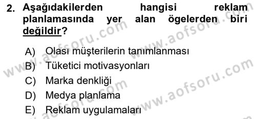 Reklamcılık Dersi 2020 - 2021 Yılı Yaz Okulu Sınav Soruları 2. Soru