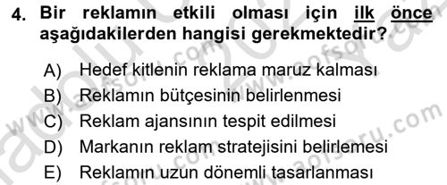 Reklamcılık Dersi 2020 - 2021 Yılı Yaz Okulu Sınav Soruları 4. Soru