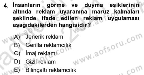 Reklamcılık Dersi 2021 - 2022 Yılı (Vize) Ara Sınav Soruları 4. Soru