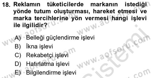 Reklamcılık Dersi 2021 - 2022 Yılı (Final) Dönem Sonu Sınav Soruları 18. Soru