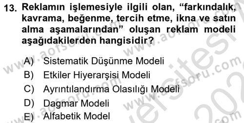 Reklamcılık Dersi 2021 - 2022 Yılı Yaz Okulu Sınav Soruları 13. Soru