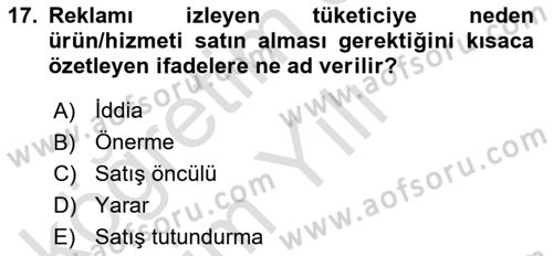 Reklamcılık Dersi 2021 - 2022 Yılı Yaz Okulu Sınav Soruları 17. Soru