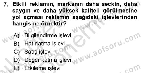 Reklamcılık Dersi 2022 - 2023 Yılı (Vize) Ara Sınavı 7. Soru