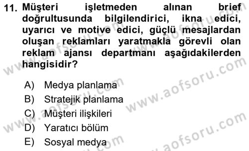 Reklamcılık Dersi 2022 - 2023 Yılı (Final) Dönem Sonu Sınav Soruları 11. Soru