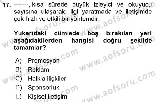 Reklamcılık Dersi 2022 - 2023 Yılı (Final) Dönem Sonu Sınav Soruları 17. Soru